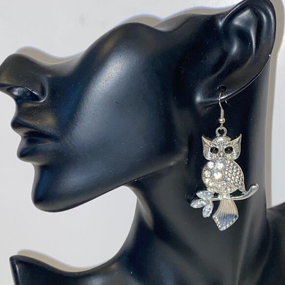 Silver Tone Owls Pierced Earrings Light Weight Clear Stones - Picture 3 of 5